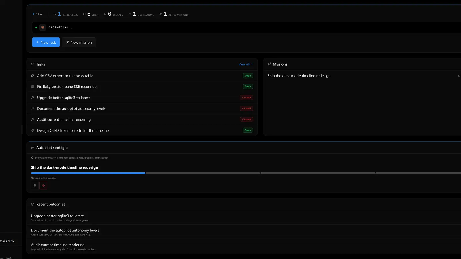 Dashboard Orca pro řízení úkolů, misí a běžících AI agentů
